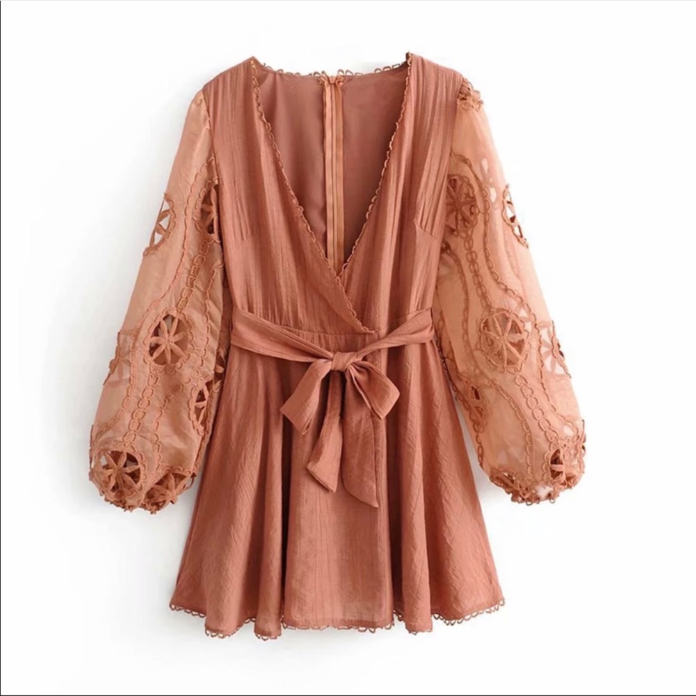 Lantern Puff Crochet Sleeve Boho Gypsy Dress Rust - Picture 5 of 8
